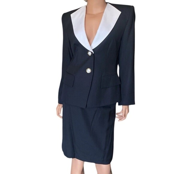 Albert Nipon Dresses & Skirts - Vtg Albert Nipon Skirt Suit Womens S 6 Black White 90s Designer Blazer Timeless